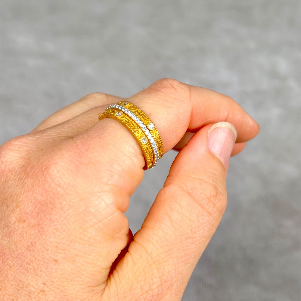 Freida Rothman Stacking Ring Set Gold Silver Tone Scroll Filigree CZ Size 7.5